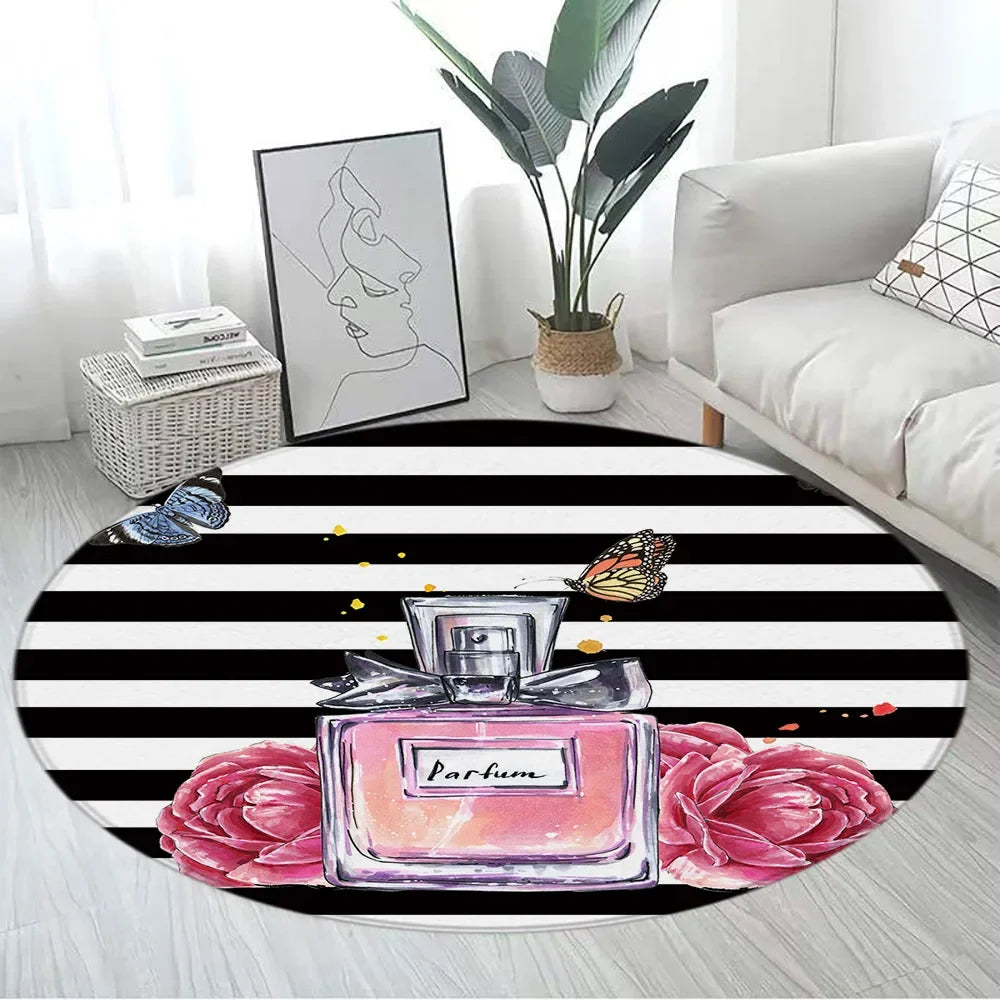 Navak Carpet Pink Floral Perfume Round Carpet Fashion Magazine Black and White Stripe Home Rugs Living Room Decor Girls Bedroom Rug Floor Mat