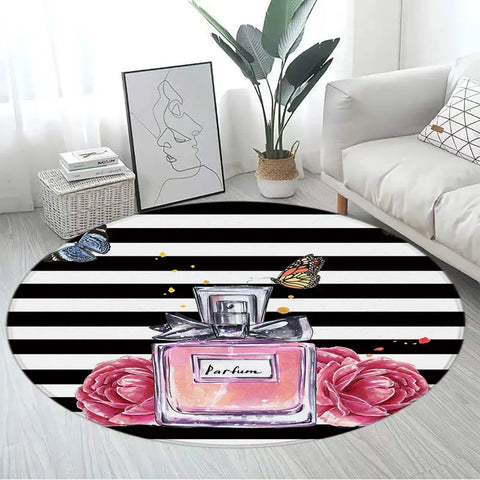 Navak Carpet Pink Floral Perfume Round Carpet Fashion Magazine Black and White Stripe Home Rugs Living Room Decor Girls Bedroom Rug Floor Mat