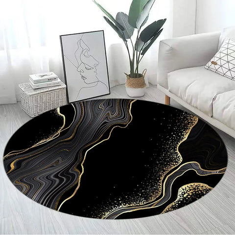 Navak Carpet Abstract Blue Marble Round Carpet Gold Textured Geometric Pattern Black Home Rugs Living Room Bedroom Decor Sofa Rug Floor Mats