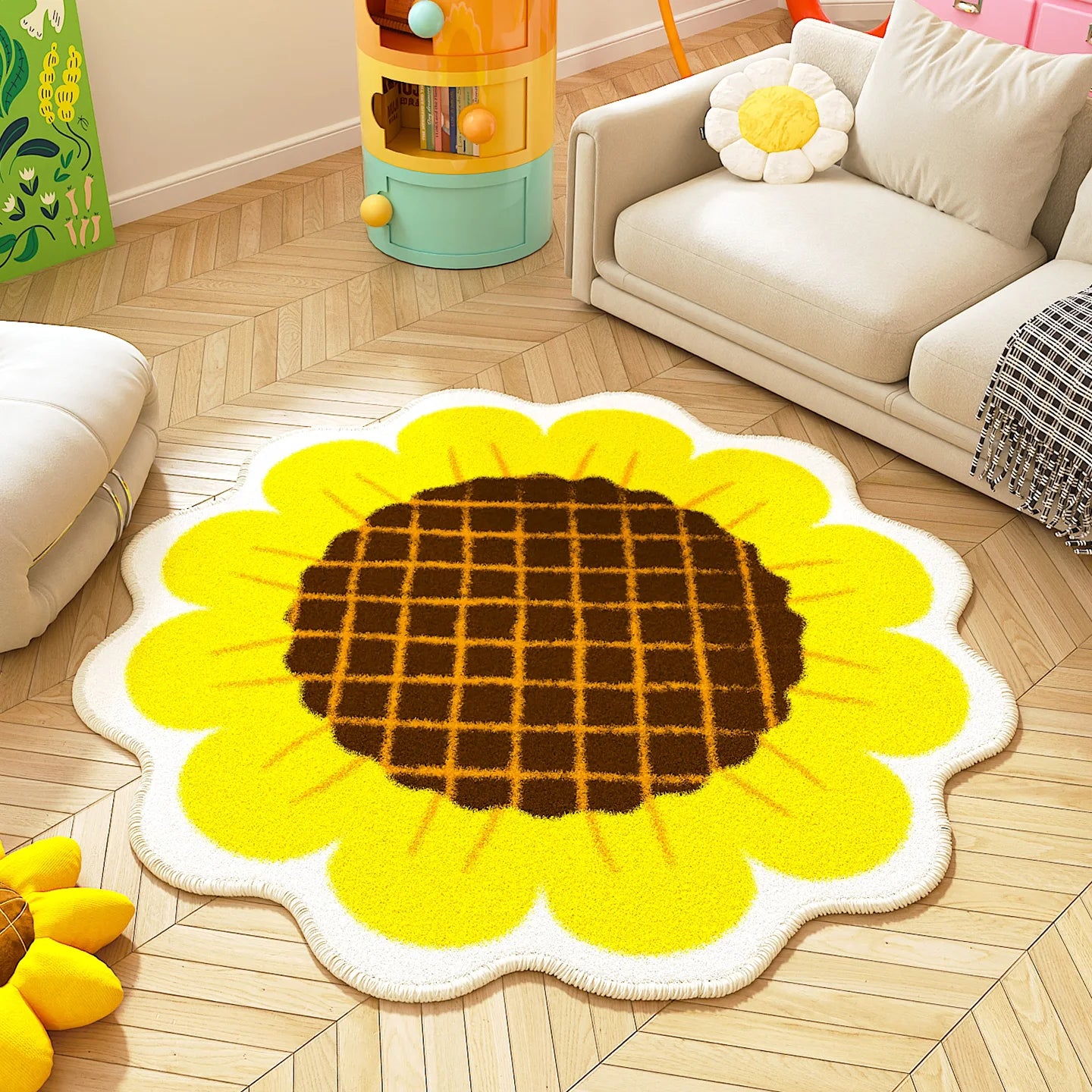 Navak Carpet Sunflower Pattern Bedroom Decor Round Carpet Thicken Plush Lounge Mat Fluffy Soft Study Rug Flower Shape Carpets for Living Room
