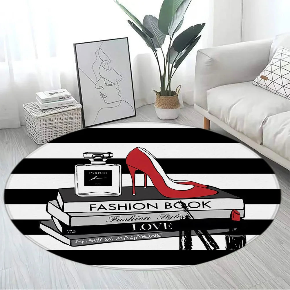 Navak Carpet Pink Floral Perfume Round Carpet Fashion Magazine Black and White Stripe Home Rugs Living Room Decor Girls Bedroom Rug Floor Mat