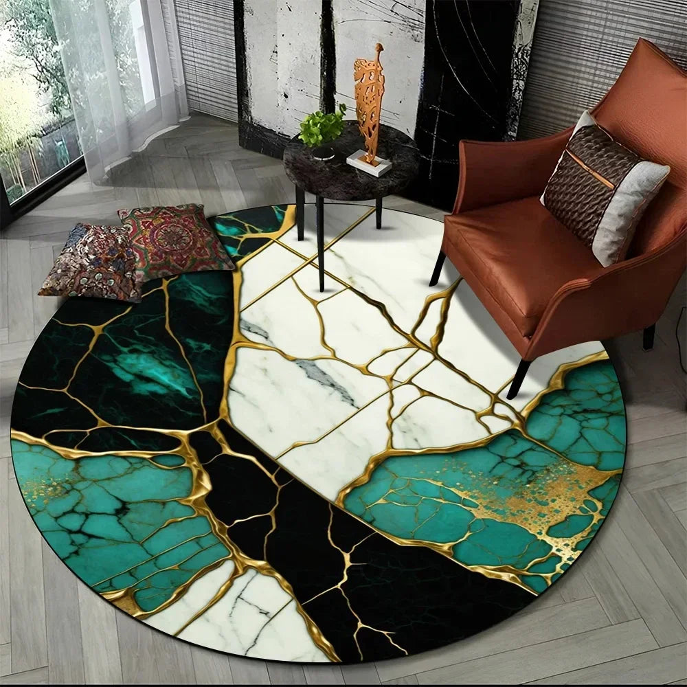 Navak Carpet 3D Luxury Marble Print Round Carpet Abstract Geometric Area Rug for Living Room Bedroom Chair Decor Non-slip Floor Mat Doormat