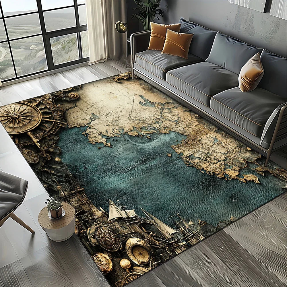 Navak Carpet Retro Marine Nautical Chart Compass Carpet Rug for Home Living Room Bedroom Sofa Doormat Decor, Floor Mat