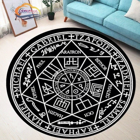 Navak Carpet Pentagram sun Patterned Round Carpet, Satan Devil's Trap Rug, White  on Black  Supernatural  Rune carpet