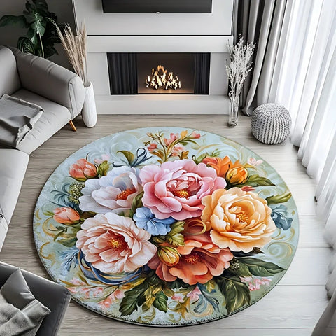 Navak Carpet 1pc Floral print round floor mat, polyester fabric, suitable for bedroom and living room decoration