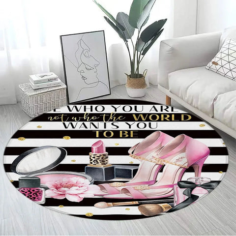 Navak Carpet Pink Floral Perfume Round Carpet Fashion Magazine Black and White Stripe Home Rugs Living Room Decor Girls Bedroom Rug Floor Mat