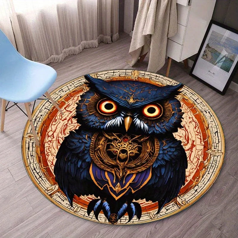 Navak Carpet 2D Flat, 3D Retro Owl Printed Polyester Area Mat - Non-Slip Round Chair Mat for Living Room & Bedroom, 800g/m² Crystal Velvet, V
