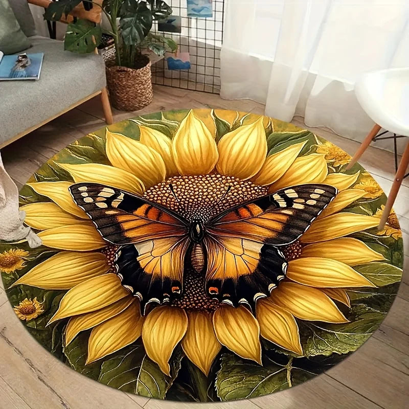 Navak Carpet 1pc Spring sunflower round mat, polyester fabric, machine washable, suitable for bedroom, living room, bathroom entrance mat