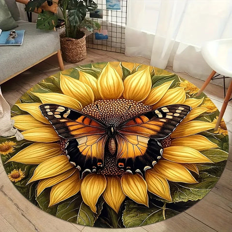 Navak Carpet 1pc Spring sunflower round mat, polyester fabric, machine washable, suitable for bedroom, living room, bathroom entrance mat