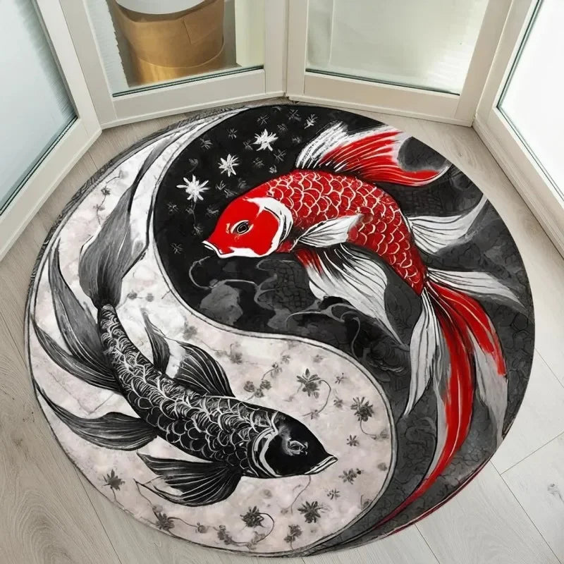 Navak Carpet Yin Yang Koi Fishes Print Round Carpets for Home Living Room Rug Bedroom Decor Rug Non Slip Washable Flannel Floor Mat