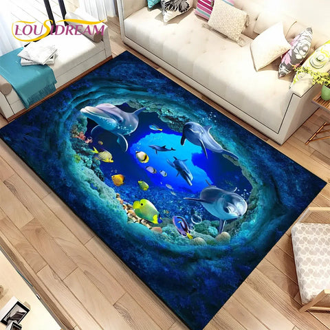 Navak Carpet 3D Illusion Seabed Underwater World Dolphin Shark Area Rug,Carpet Rug for Living Room Bedroom Sofa Doormat,Non-slip Floor Mat