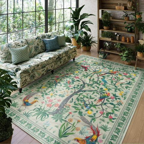 Navak Carpet Boho-style Floral Bird Designs Carpet Living Room Decor Sofa Rug Bedroom Bedside Soft Rug Kitchen Dining Area Floor Mat Washable