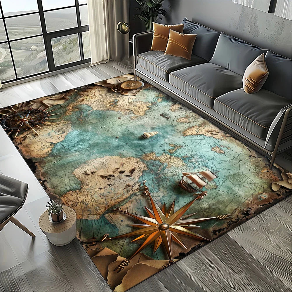 Navak Carpet Retro Marine Nautical Chart Compass Carpet Rug for Home Living Room Bedroom Sofa Doormat Decor, Floor Mat