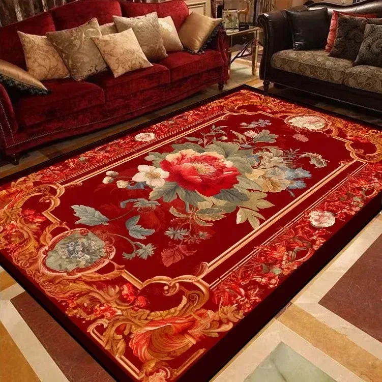 Navak Carpet European Style Peony Flower Luxury Carpet Red Festive Rug Washroom Floor Mat Bedroom Decor Rugs Living Room Rugs for Bedroom