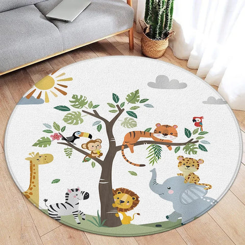 Navak Carpet Cartoon Round Carpet Ocean Fish Dolphin Starfish Cute Deer Lion Elephant Tiger Kids Bedroom Mat Home Living Room Decor Floor Rug