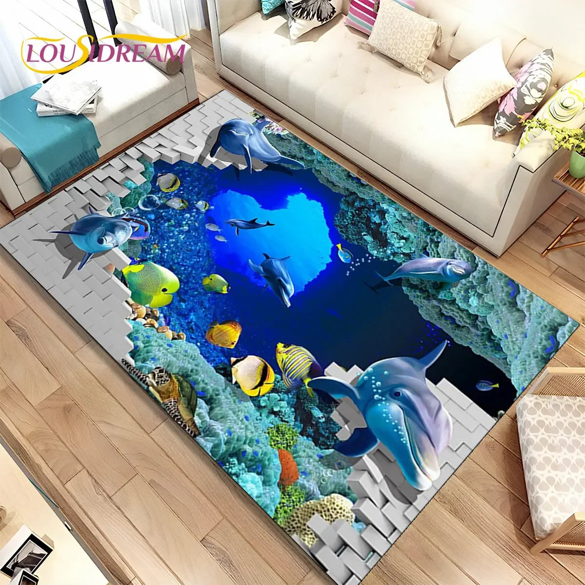 Navak Carpet 3D Illusion Seabed Underwater World Dolphin Shark Area Rug,Carpet Rug for Living Room Bedroom Sofa Doormat,Non-slip Floor Mat
