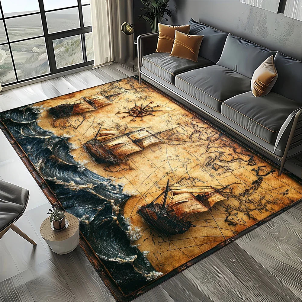 Navak Carpet Retro Marine Nautical Chart Compass Carpet Rug for Home Living Room Bedroom Sofa Doormat Decor, Floor Mat