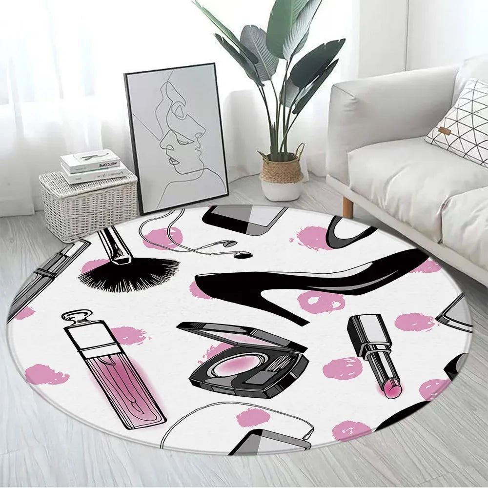 Navak Carpet Pink Floral Perfume Round Carpet Fashion Magazine Black and White Stripe Home Rugs Living Room Decor Girls Bedroom Rug Floor Mat