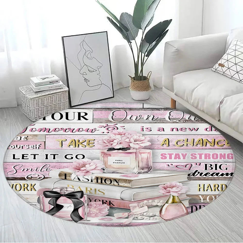 Navak Carpet Pink Floral Perfume Round Carpet Fashion Magazine Black and White Stripe Home Rugs Living Room Decor Girls Bedroom Rug Floor Mat