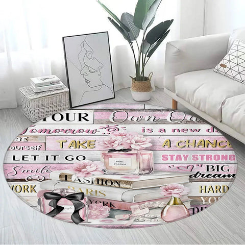 Navak Carpet Pink Floral Perfume Round Carpet Fashion Magazine Black and White Stripe Home Rugs Living Room Decor Girls Bedroom Rug Floor Mat