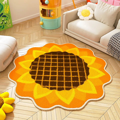Navak Carpet Sunflower Pattern Bedroom Decor Round Carpet Thicken Plush Lounge Mat Fluffy Soft Study Rug Flower Shape Carpets for Living Room