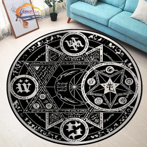 Navak Carpet Pentagram sun Patterned Round Carpet, Satan Devil's Trap Rug, White  on Black  Supernatural  Rune carpet