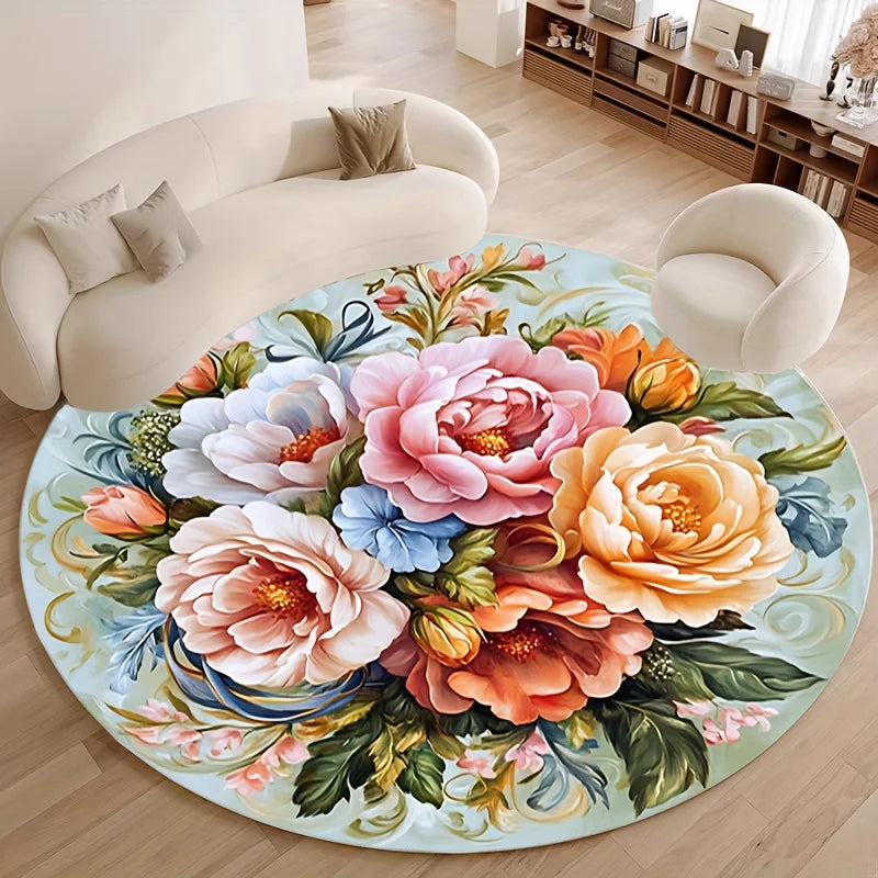 Navak Carpet 1pc Floral print round floor mat, polyester fabric, suitable for bedroom and living room decoration