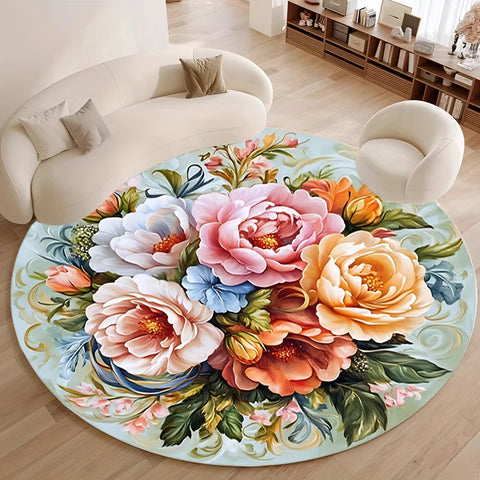 Navak Carpet 1pc Floral print round floor mat, polyester fabric, suitable for bedroom and living room decoration