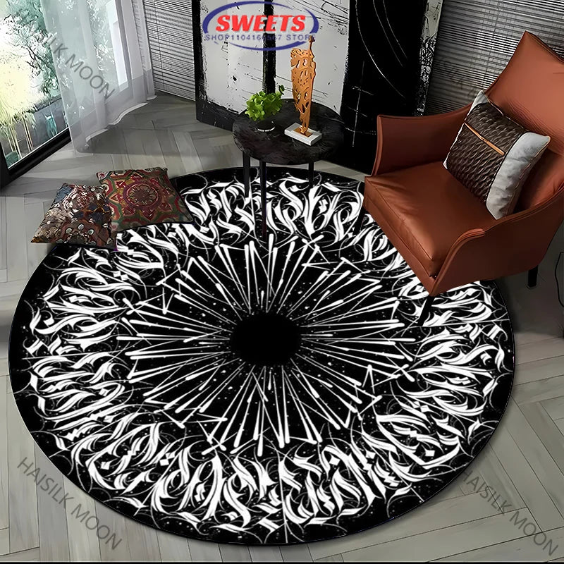 Navak Carpet Modern Style Black and White Mystery Art Style Round Carpet Interior Decor Mat Outdoor Picnic Camping Rug Room Bedside Rug Gift