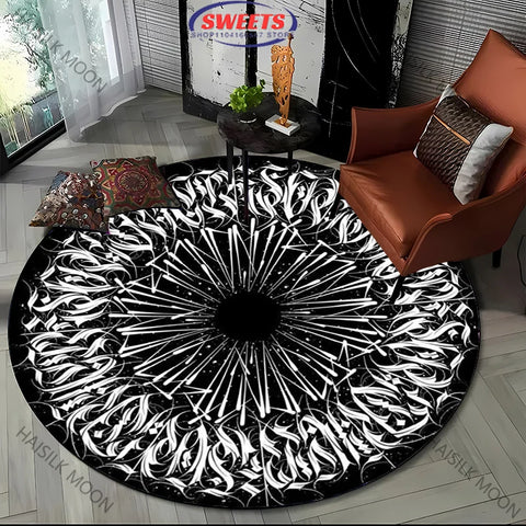 Navak Carpet Modern Style Black and White Mystery Art Style Round Carpet Interior Decor Mat Outdoor Picnic Camping Rug Room Bedside Rug Gift
