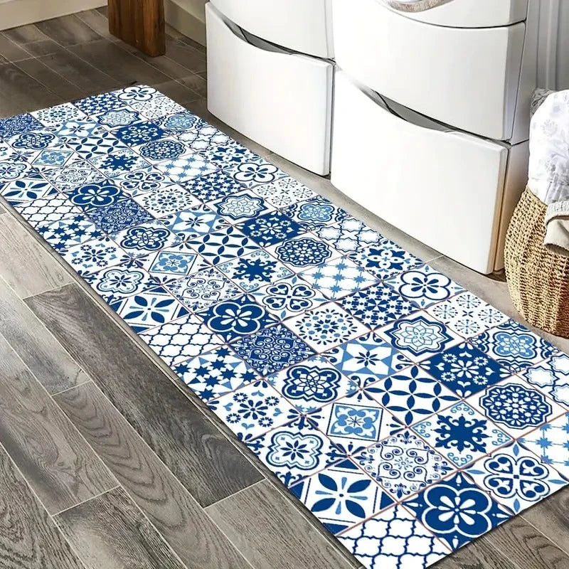 Navak Carpet Modern Blue Ceramic Tile Kitchen Floor Mat Decor Kitchen Corridor Balcony Rug Laundry Room Mat Bathroom Anti-slip Doormat Decor
