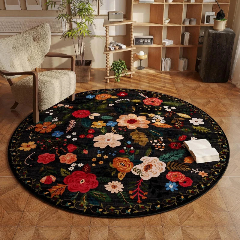 Navak Carpet Flower Pattern Rugs for Bedroom Home Fluffy Soft Rug Retro Round Living Room Decoration Carpet Thick Anti-slip Bedside Floor Mat