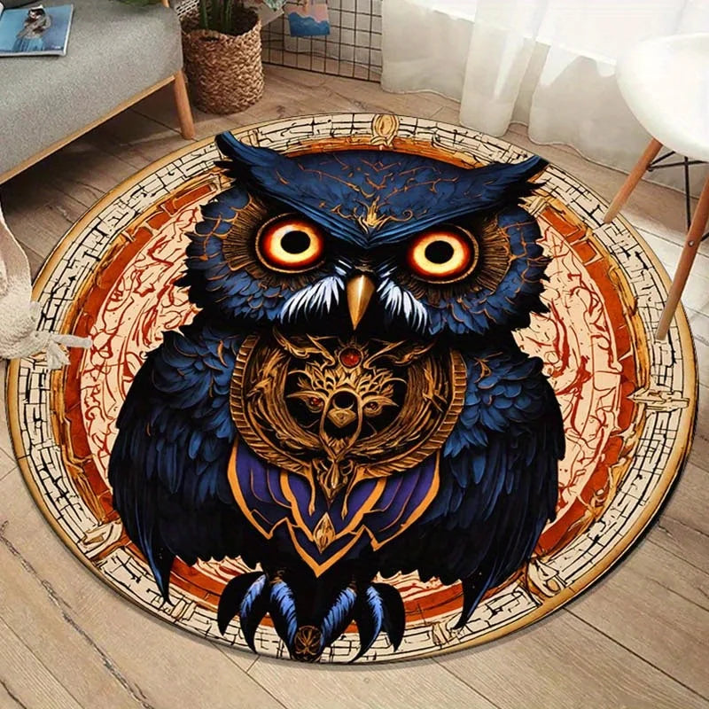Navak Carpet 2D Flat, 3D Retro Owl Printed Polyester Area Mat - Non-Slip Round Chair Mat for Living Room & Bedroom, 800g/m² Crystal Velvet, V