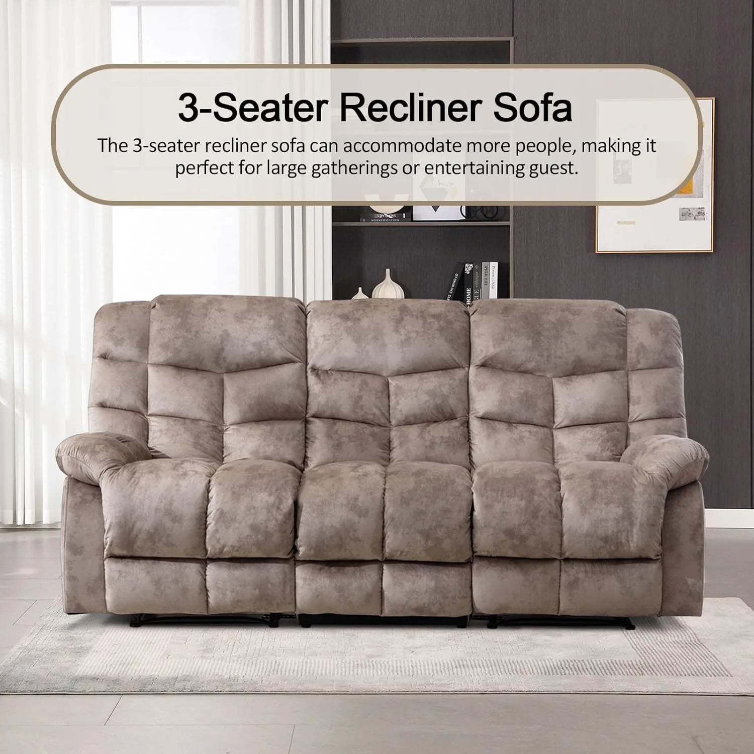 Navak Carpet Manual Reclining Sofa, 3 Seat Recliner Sofa with Armrest and Overstuffed Backrest, Couch Set for Living Room, Bedroom