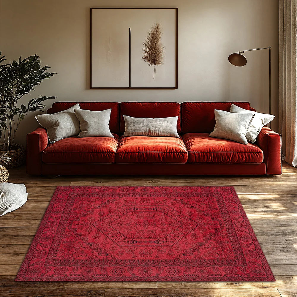 Navak Carpet Red Bohemian Area Rug, Ethnic Pattern Non-Slip Carpet, Cozy Living Room Mat for Natural Home Decor