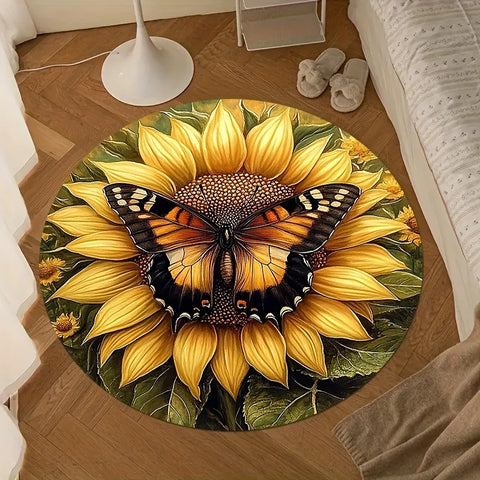 Navak Carpet 1pc Spring sunflower round mat, polyester fabric, machine washable, suitable for bedroom, living room, bathroom entrance mat