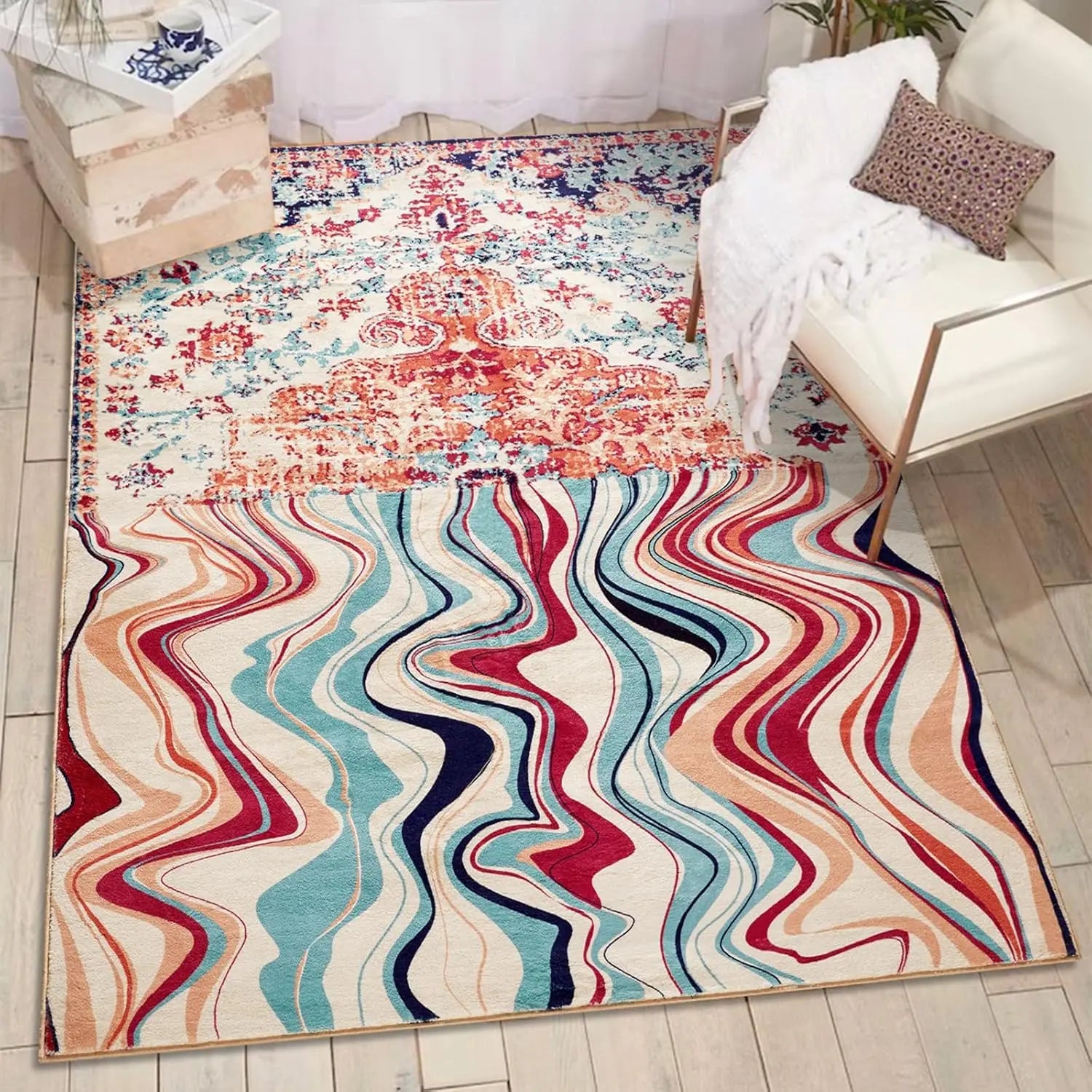 Navak Carpet Vintage Wine Red Melting Oriental Carpet for Living Room Bedroom Soft Non-Slip Area Rug Balcony Boho Wavy Funky Abstract Rugs
