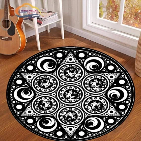 Navak Carpet Pentagram sun Patterned Round Carpet, Satan Devil's Trap Rug, White  on Black  Supernatural  Rune carpet