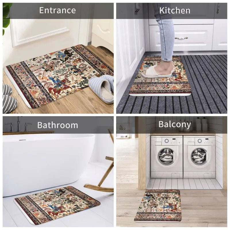 Navak Carpet Blue Antique Persian Isfahan Silk Rug With Animals Front Floor Door Entrance Mat Tribal Ethnic Floral Bath  Doormat Carpet Rug