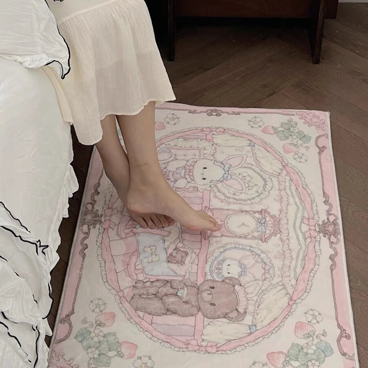 Navak Carpet Cute Pink Bear Cartoon Round Area Rug, Children's Bedroom Carpet, Living Room, Sofa, Playroom Decor,Non-slip Floor Mat