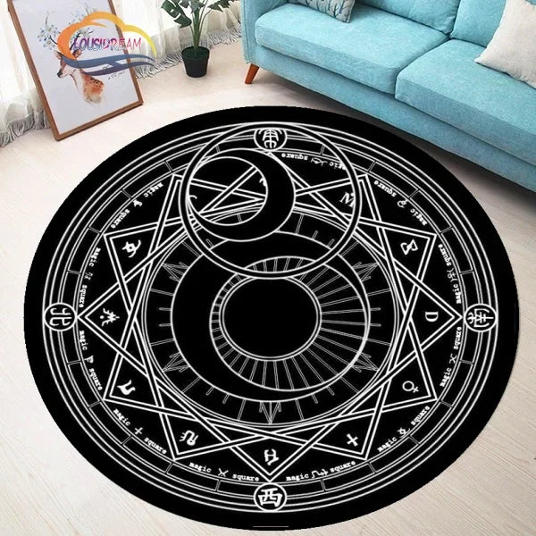 Navak Carpet Pentagram sun Patterned Round Carpet, Satan Devil's Trap Rug, White  on Black  Supernatural  Rune carpet