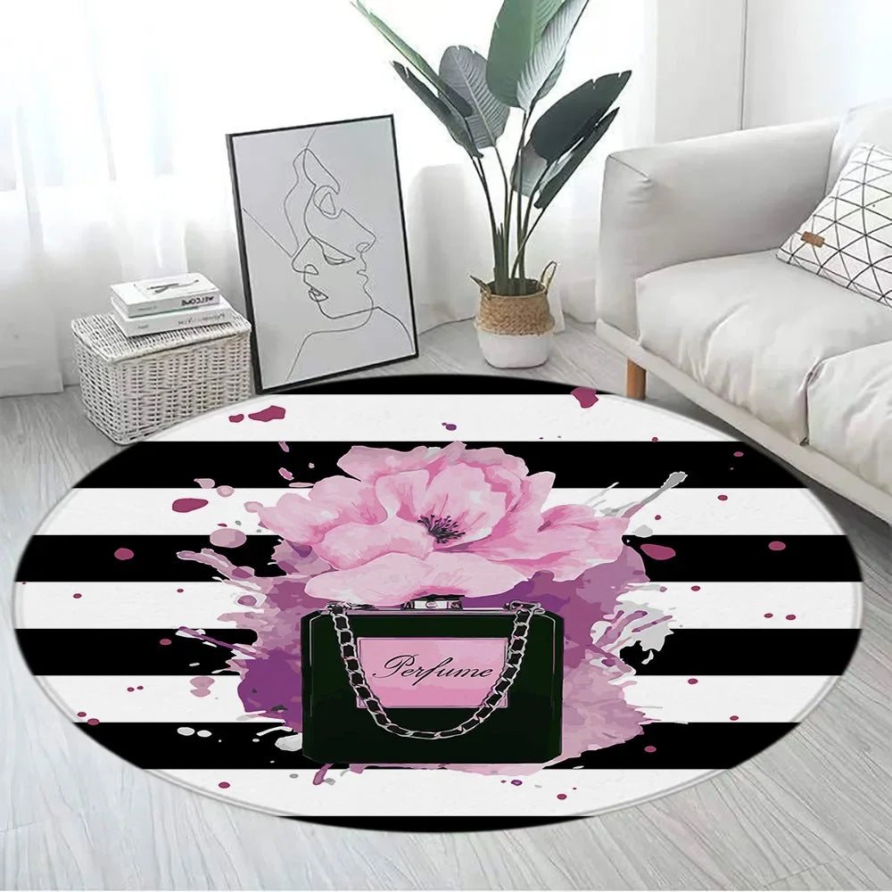 Navak Carpet Pink Floral Perfume Round Carpet Fashion Magazine Black and White Stripe Home Rugs Living Room Decor Girls Bedroom Rug Floor Mat