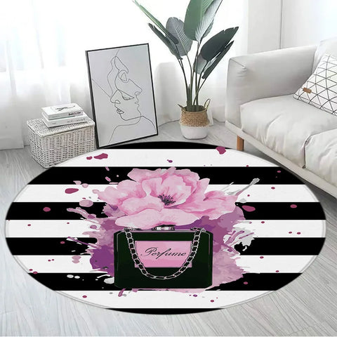 Navak Carpet Pink Floral Perfume Round Carpet Fashion Magazine Black and White Stripe Home Rugs Living Room Decor Girls Bedroom Rug Floor Mat