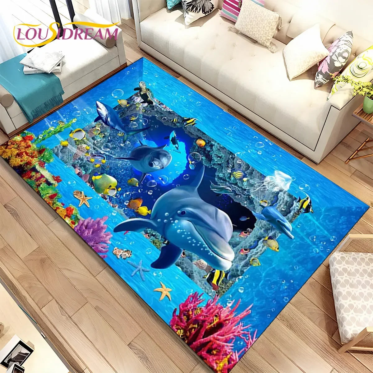 Navak Carpet 3D Illusion Seabed Underwater World Dolphin Shark Area Rug,Carpet Rug for Living Room Bedroom Sofa Doormat,Non-slip Floor Mat