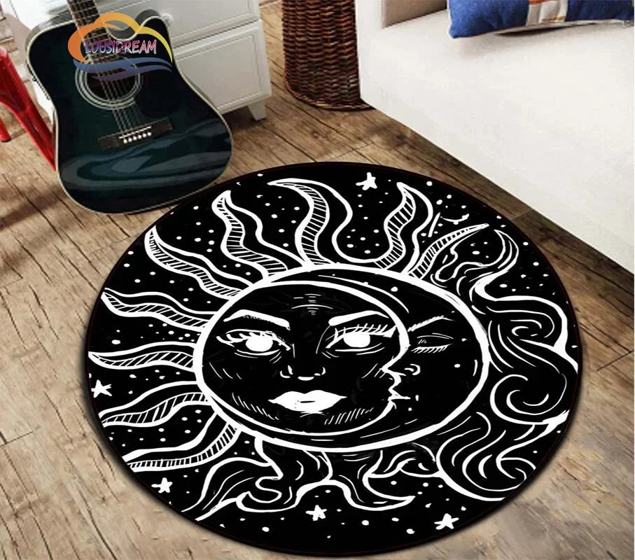 Navak Carpet Pentagram sun Patterned Round Carpet, Satan Devil's Trap Rug, White  on Black  Supernatural  Rune carpet