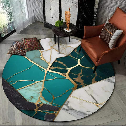 Navak Carpet 3D Luxury Marble Print Round Carpet Abstract Geometric Area Rug for Living Room Bedroom Chair Decor Non-slip Floor Mat Doormat