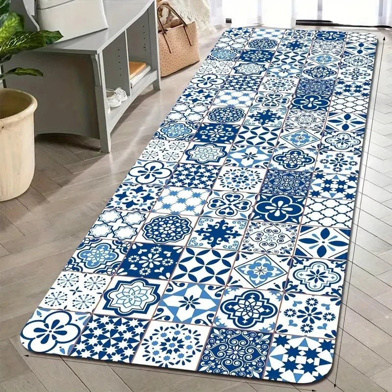 Navak Carpet Modern Blue Ceramic Tile Kitchen Floor Mat Decor Kitchen Corridor Balcony Rug Laundry Room Mat Bathroom Anti-slip Doormat Decor