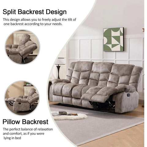 Navak Carpet Manual Reclining Sofa, 3 Seat Recliner Sofa with Armrest and Overstuffed Backrest, Couch Set for Living Room, Bedroom
