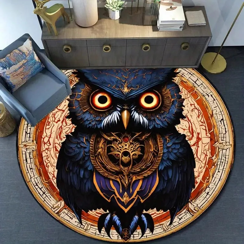 Navak Carpet 2D Flat, 3D Retro Owl Printed Polyester Area Mat - Non-Slip Round Chair Mat for Living Room & Bedroom, 800g/m² Crystal Velvet, V