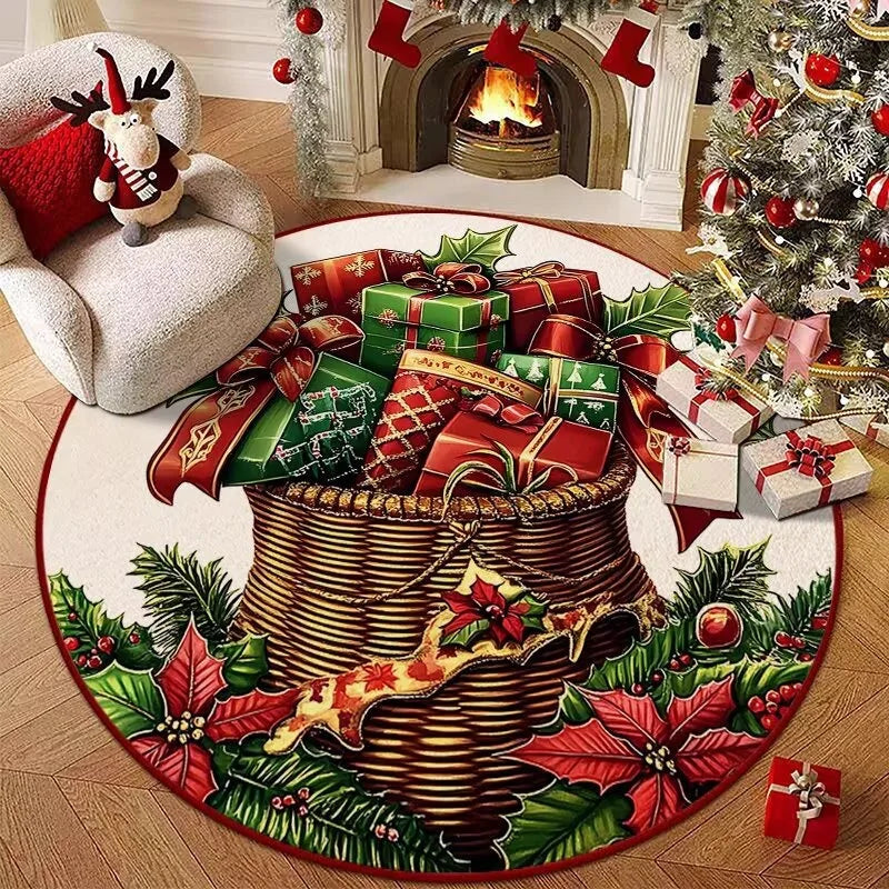 Navak Carpet Christmas Series Theme Round Carpet, Santa Claus, Snowman, Christmas Gifts, Holiday Celebration Living Room Decorative Mat
